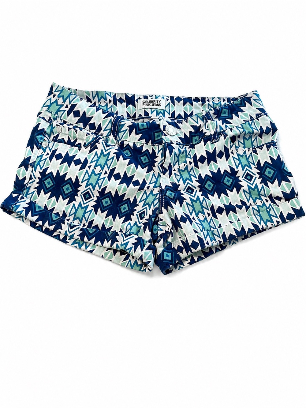 Celebrity Pink Navy and Teal Geo-Print Denim Shorts